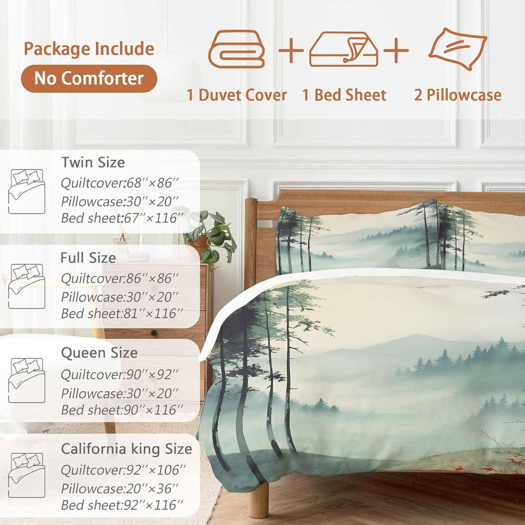 Prime Leader Forest Mountain Landscape Duvet Cover Set Queen Size 4 Pieces Foggy Retro Watercolor Bedding Set with Zipper Closure, 1 Comforter Cover 90x92 Inches 1 Flat Sheet & 2 Pillow Cases
