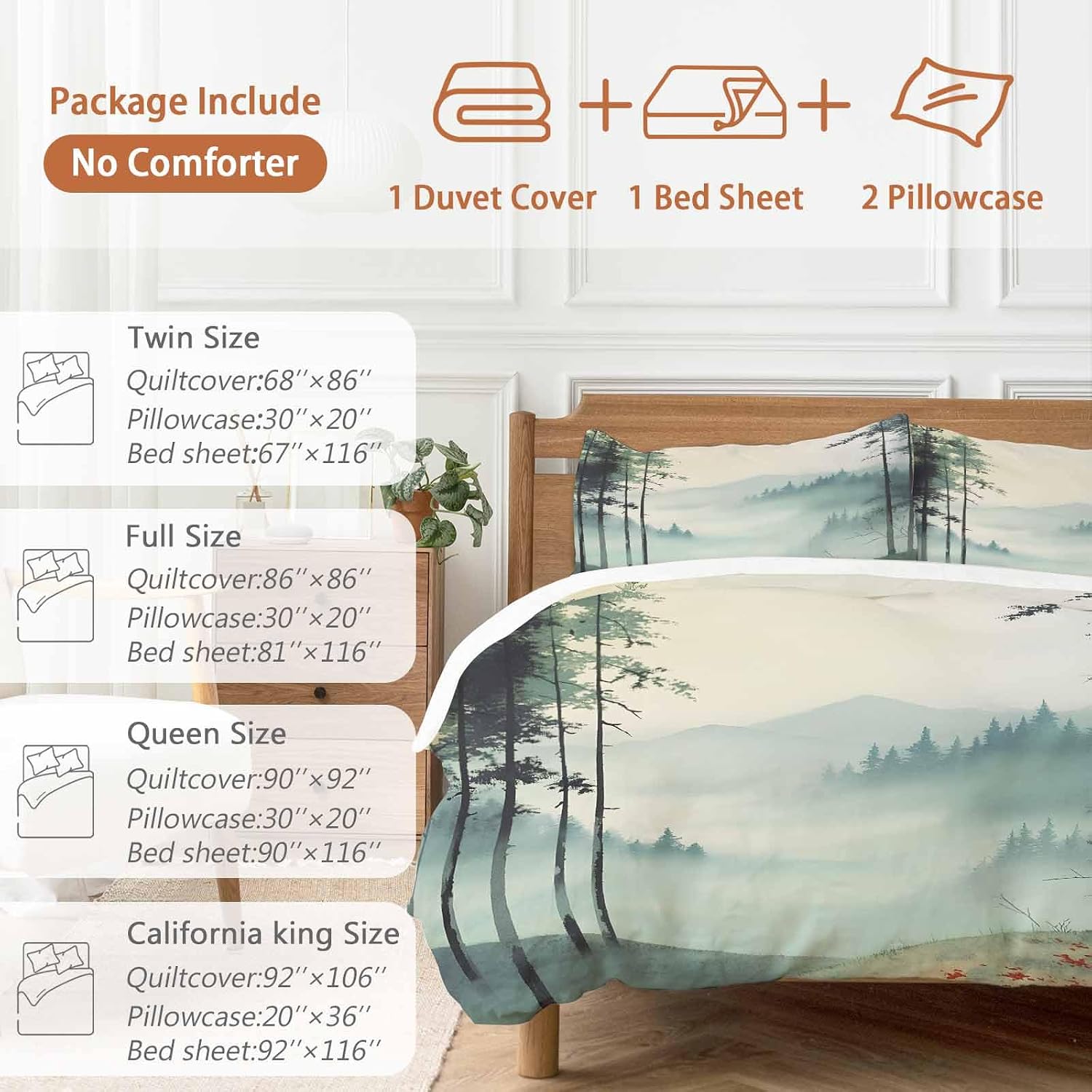 Prime Leader Forest Mountain Landscape Duvet Cover Set Queen Size 4 Pieces Foggy Retro Watercolor Bedding Set with Zipper Closure, 1 Comforter Cover 90x92 Inches 1 Flat Sheet & 2 Pillow Cases