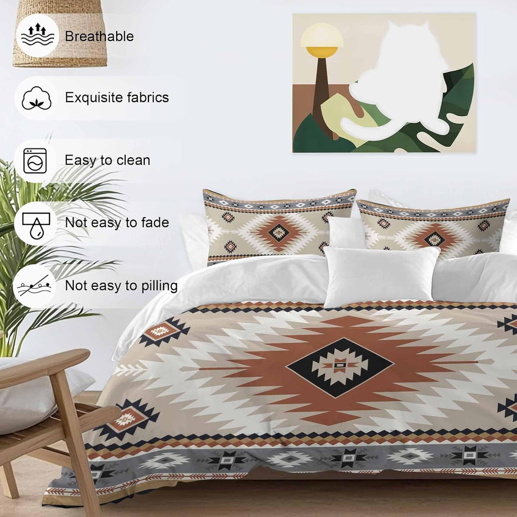 Aztec Southwestern Duvet Cover Set Queen Size 4 Pieces Ethnic Tribal Style Geometric Orange Khaki Bedding Set with Zipper Closure, 1 Comforter Cover 90x92 Inches 1 Flat Sheet & 2 Pillow Cases