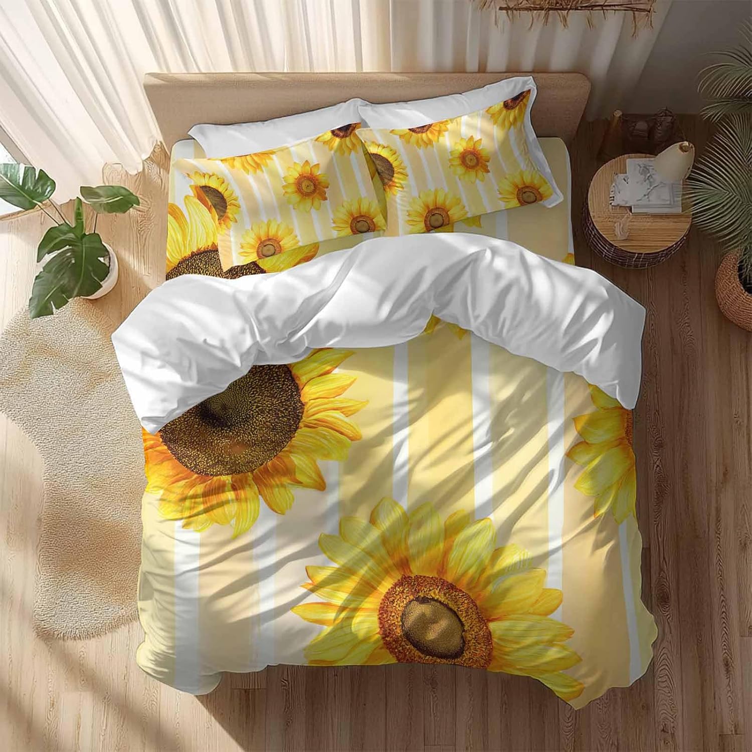Prime Leader Sunflower Duvet Cover Set Queen Size 4 Pieces Yellow Floral Yellow Watercolor Strip Summer Bedding Set with Zipper Closure, 1 Comforter Cover 92x106 Inches 1 Flat Sheet & 2 Pillow Cases