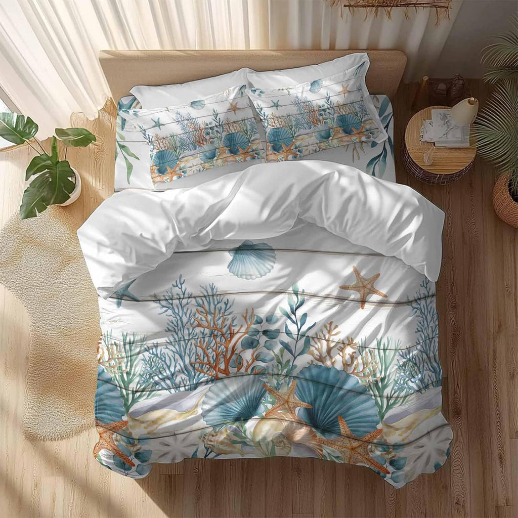 Marine Life Duvet Cover Set Queen Size 4 Pieces Vintage Shell Starfish Coral Eucalyptus Leaves Wood Grain Bedding Set with Zipper Closure, 1 Comforter Cover 86x86 Inches 1 Flat Sheet & 2 Pillow Cases