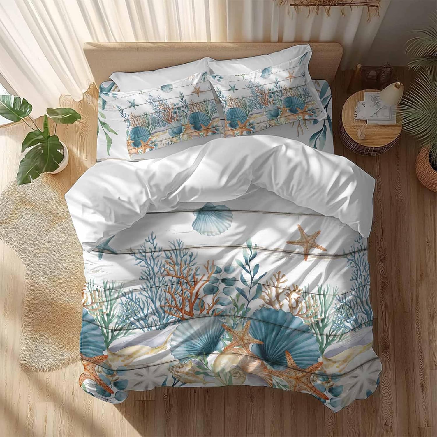 Marine Life Duvet Cover Set Queen Size 4 Pieces Vintage Shell Starfish Coral Eucalyptus Leaves Wood Grain Bedding Set with Zipper Closure, 1 Comforter Cover 86x86 Inches 1 Flat Sheet & 2 Pillow Cases