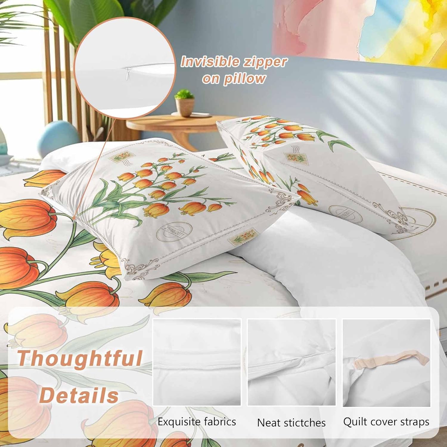 Orange Floral Duvet Cover Set Queen Size 4 Pieces Country Pastoral Watercolor Flowers Green Leaf Bedding Set with Zipper Closure, 1 Comforter Cover 90x92 Inches 1 Flat Sheet & 2 Pillow Cases