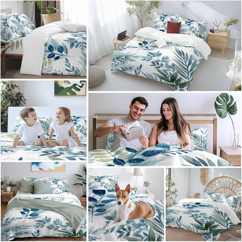 Spring Leaves Duvet Cover Set Queen Size 4 Pieces Watercolor Blue Green Leaf Plant Branch Bedding Set with Zipper Closure, 1 Comforter Cover 90x92 Inches 1 Flat Sheet & 2 Pillow Cases
