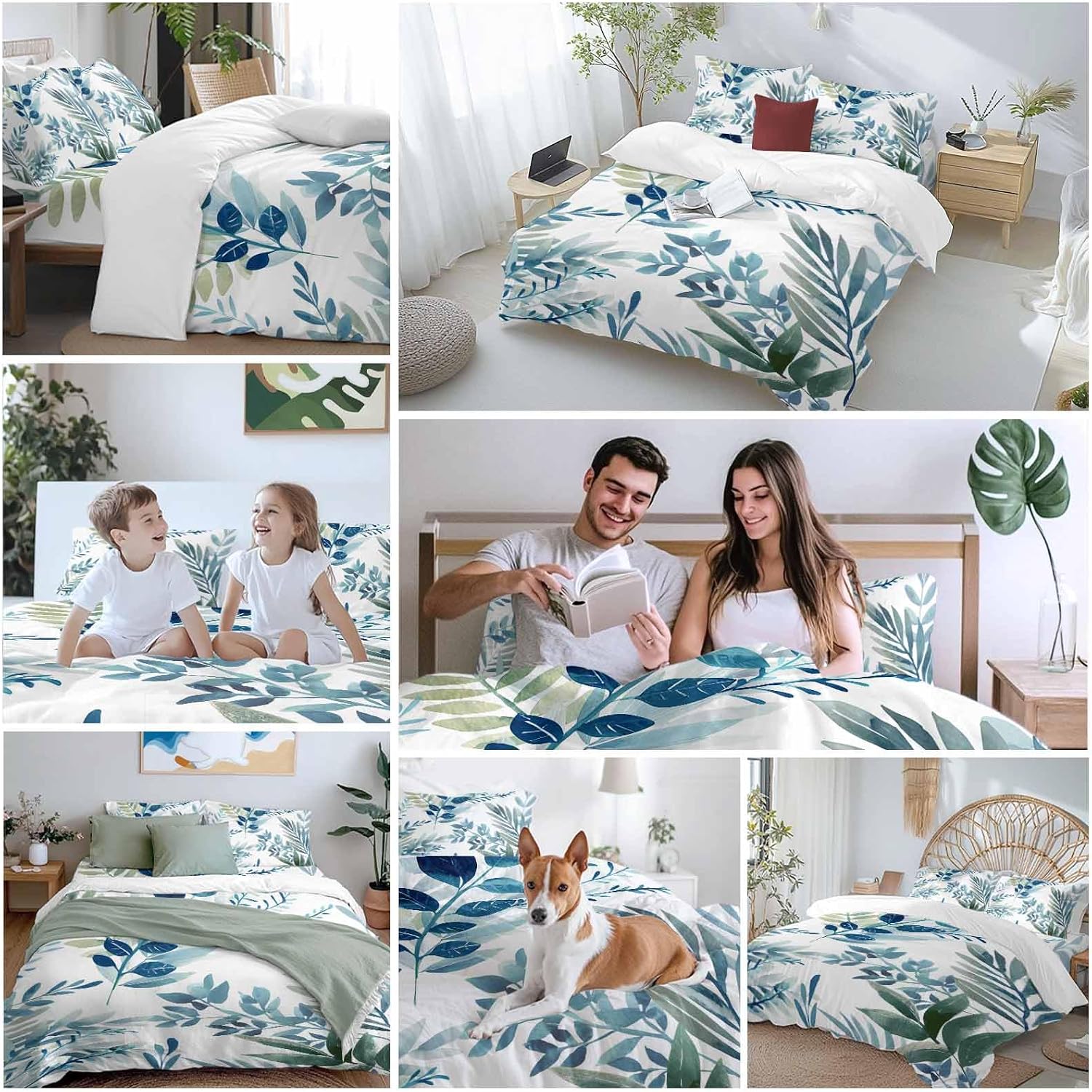 Spring Leaves Duvet Cover Set Queen Size 4 Pieces Watercolor Blue Green Leaf Plant Branch Bedding Set with Zipper Closure, 1 Comforter Cover 90x92 Inches 1 Flat Sheet & 2 Pillow Cases