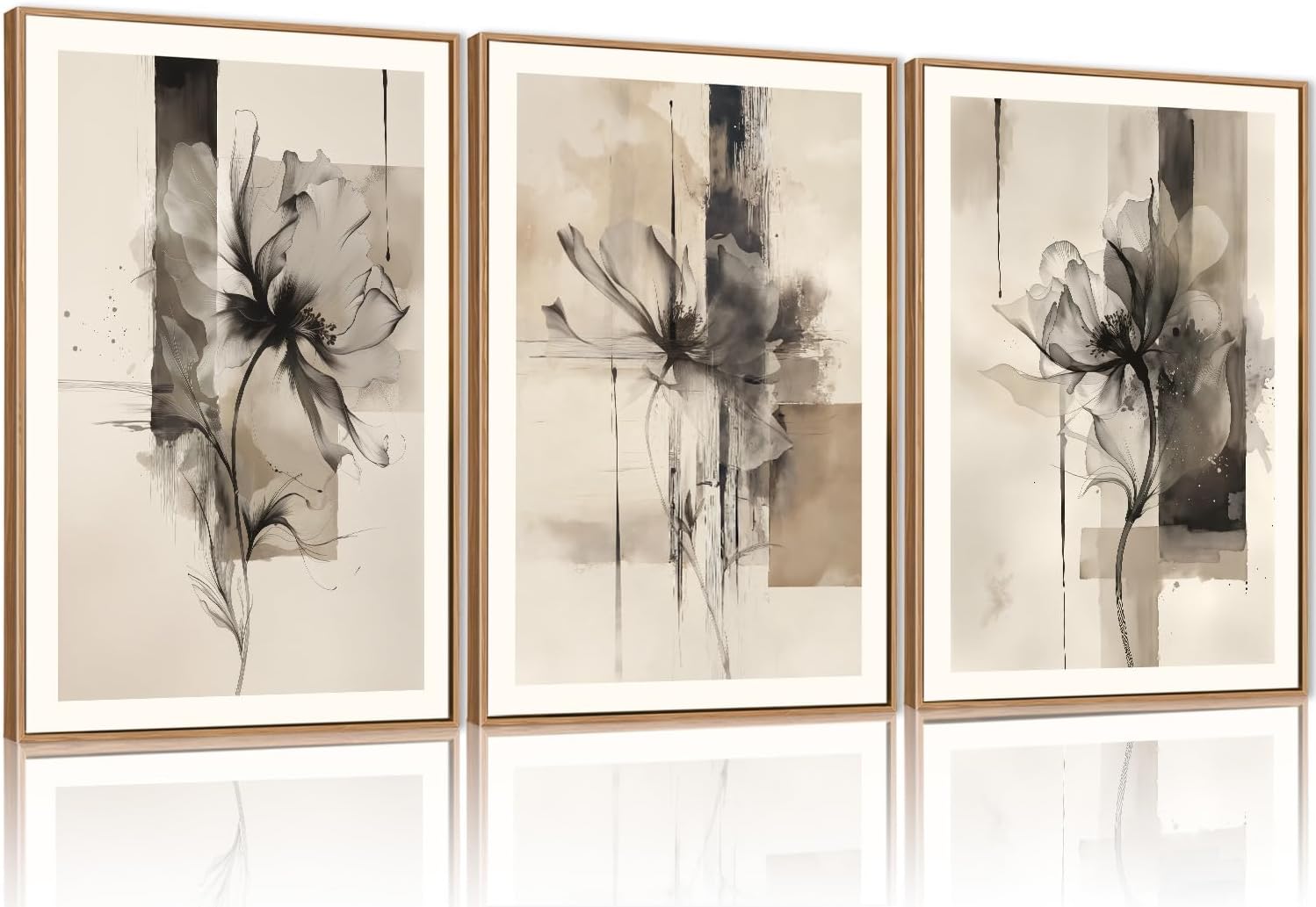 FWIEXA Large Black Beige Floral Canvas Wall Art Set 3, Neutral Abstract Florals Framed Prints, Brushstroke Geometry Line Paintings, 24x36In Watercolor Ink Artwork Poster for Farmhouse, Living Room, Bedroom, Office