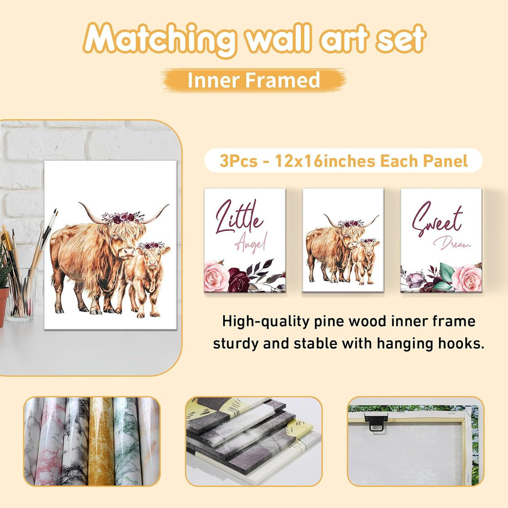 Terwex Custom Baby Crib Bedding Set, 5 Pcs Personalized Name Baby Crib Sets for Infant Toddler, Purple Highland Cow Nursery Bedding Set for Baby Girls, Double Layer Baby Bedding Sets Customized Gifts