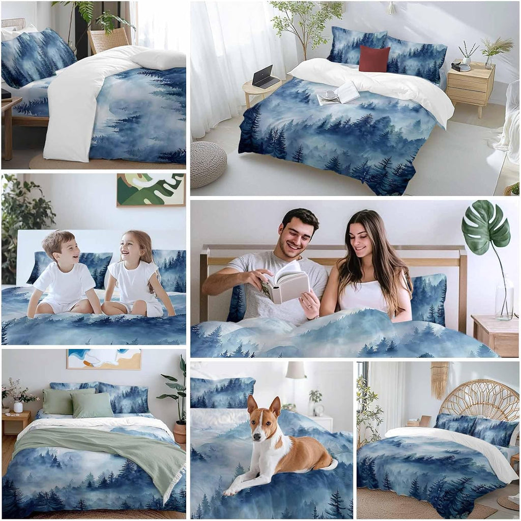 Blue Forest Mountain Duvet Cover Set Queen Size 4 Pieces Retro Watercolor Gradual Foggy Pine Tree Bedding Set with Zipper Closure, 1 Comforter Cover 90x92 Inches 1 Flat Sheet & 2 Pillow Cases