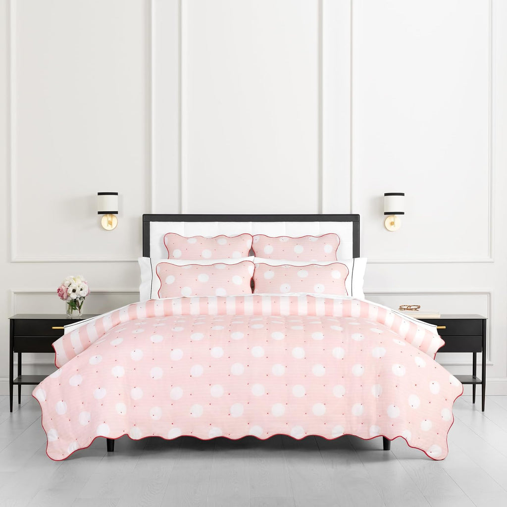 kate spade new york Stripe Dot 3-Piece King Quilt Bedding Set, 100% Cotton Reversible Cover, All Season Warmth Bedding, Machine Washable, Pink