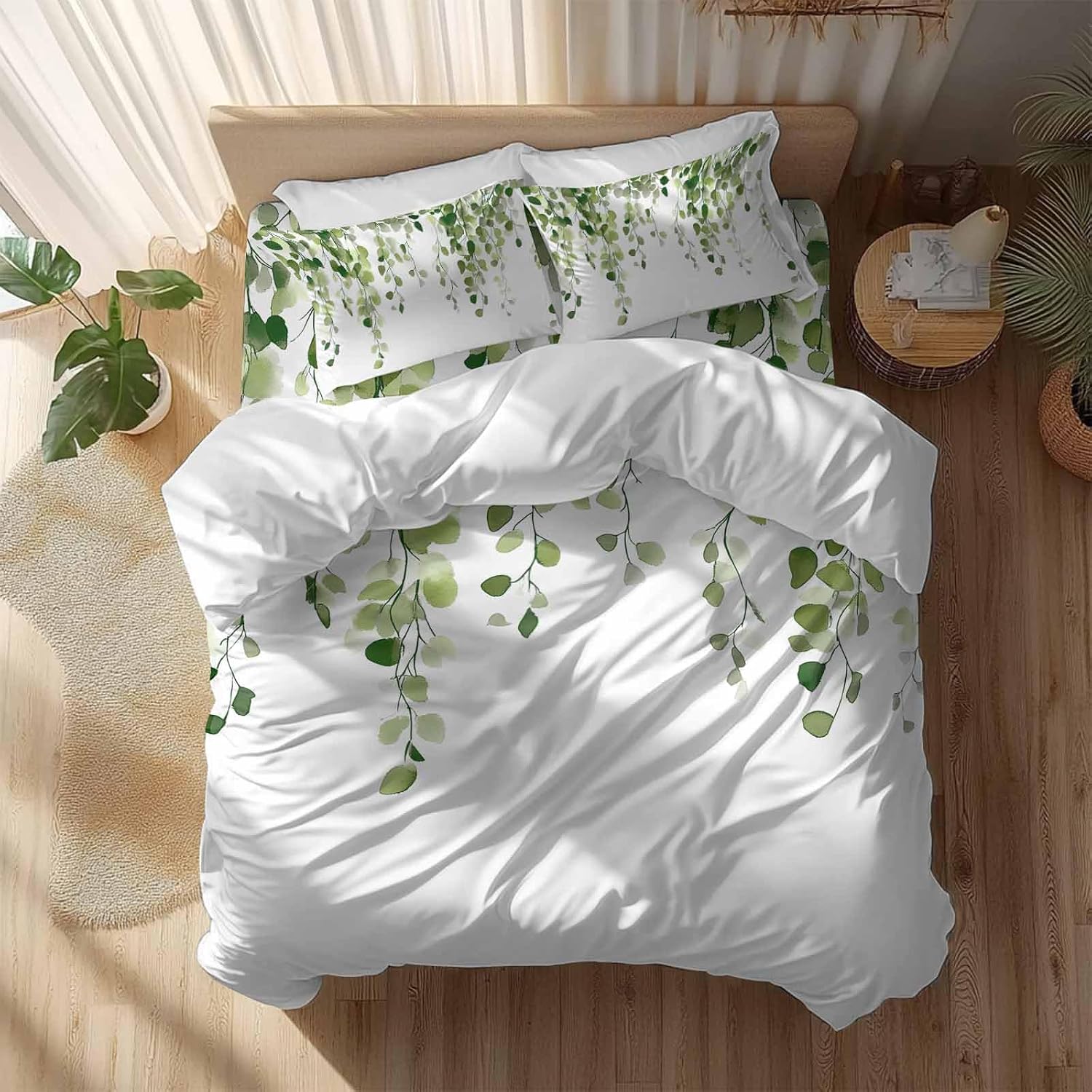 Spring Duvet Cover Set Queen Size 4 Pieces Watercolor Green Eucalyptus Leaves Botanical Plant Bedding Set with Zipper Closure, 1 Comforter Cover 92x106 Inches 1 Flat Sheet & 2 Pillow Cases