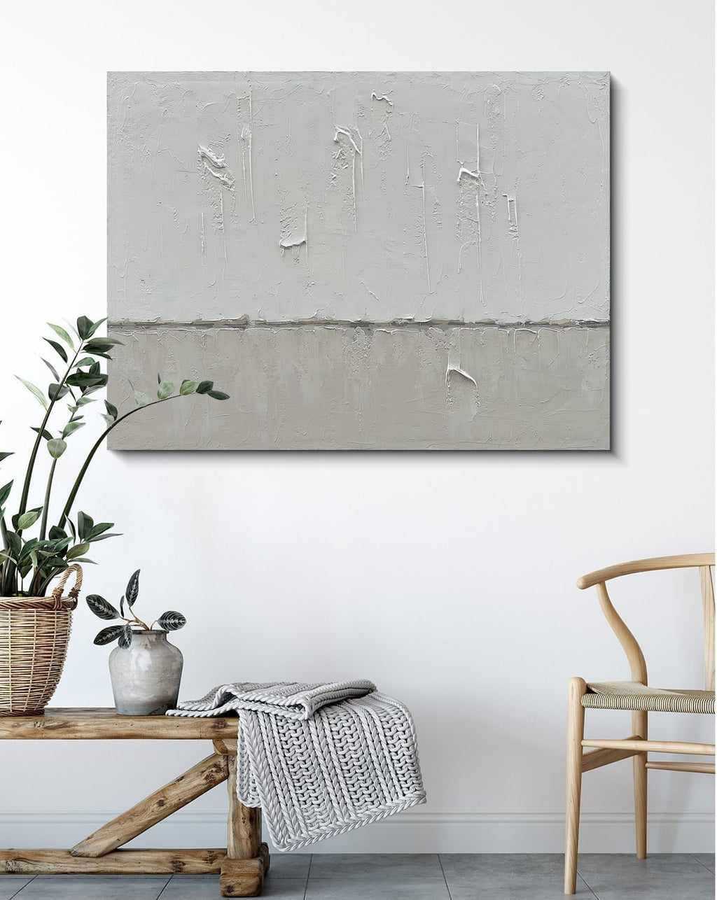 NANKAI Large Abstract Painting Hand Painted Grey White Minimalist Painting on Canvas Modern Abstract Canvas Wall Art Large White Acrylic Abstract Painting Wall Art 30x45 inch