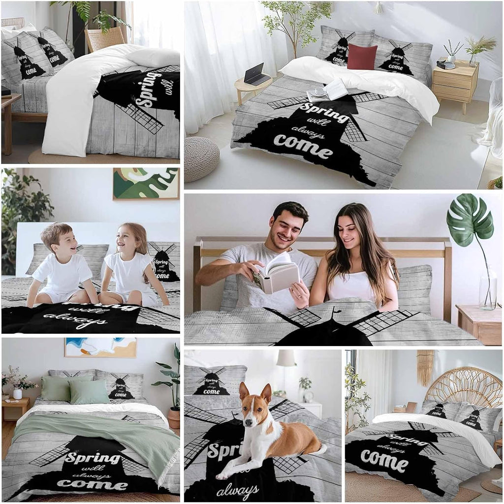 Black Windmill Duvet Cover Set Queen Size 4 Pieces Spring Will Always Come Letters Gray Wood Grain Bedding Set with Zipper Closure, 1 Comforter Cover 90x92 Inches 1 Flat Sheet & 2 Pillow Cases