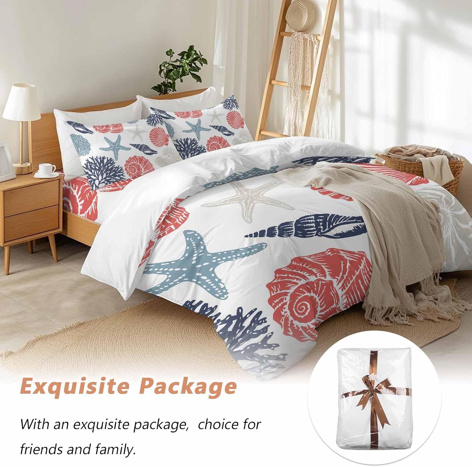 Summer Marine Life Duvet Cover Set Queen Size 4 Pieces Graffiti Red Corals Shell Conch Blue Starfish Bedding Set with Zipper Closure, 1 Comforter Cover 90x92 Inches 1 Flat Sheet & 2 Pillow Cases
