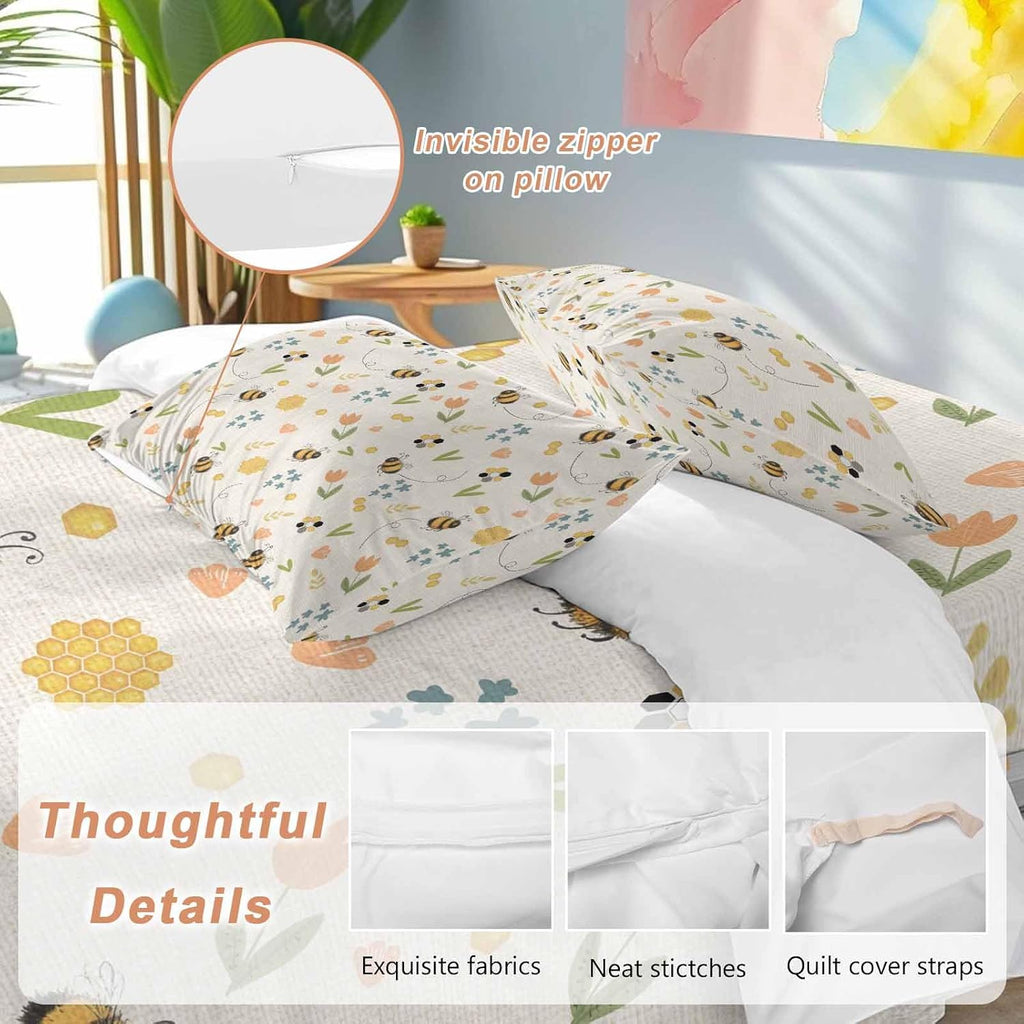Spring Duvet Cover Set Queen Size 4 Pieces Cartoon Flower Farm Plants Watercolor Bee Yellow Honey Retro Bedding Set with Zipper Closure, 1 Comforter Cover 90x92 Inches 1 Flat Sheet & 2 Pillow Cases