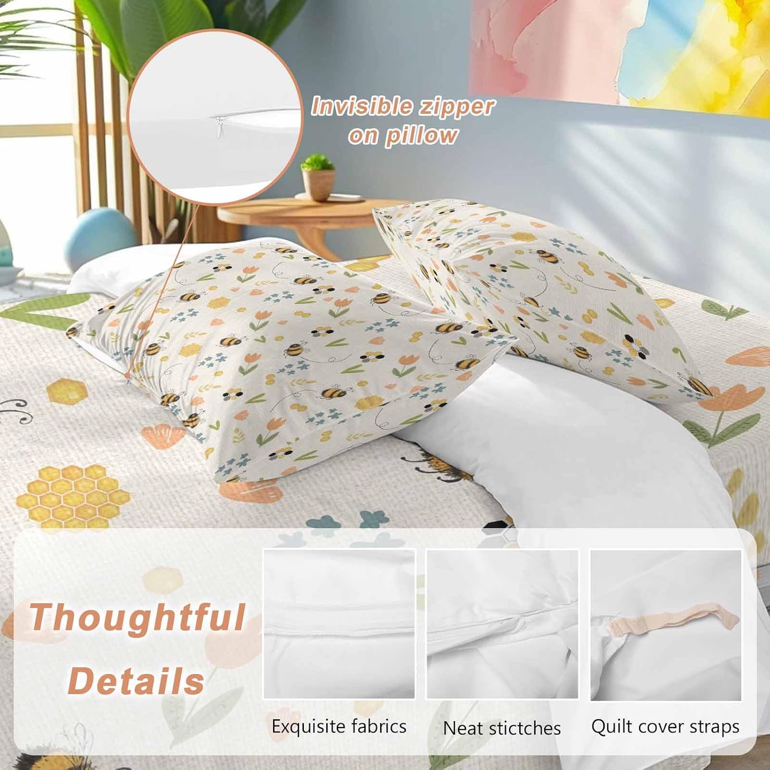 Spring Duvet Cover Set Queen Size 4 Pieces Cartoon Flower Farm Plants Watercolor Bee Yellow Honey Retro Bedding Set with Zipper Closure, 1 Comforter Cover 90x92 Inches 1 Flat Sheet & 2 Pillow Cases