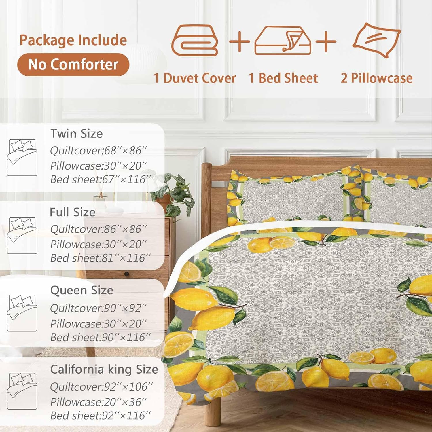 Yellow Lemon Duvet Cover Set Queen Size 4 Pieces Watercolor Fruit Farm Brown Flower Pattern Background Bedding Set with Zipper Closure, 1 Comforter Cover 90x92 Inches 1 Flat Sheet & 2 Pillow Cases