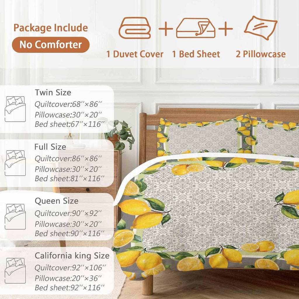 Yellow Lemon Duvet Cover Set Queen Size 4 Pieces Watercolor Fruit Farm Brown Flower Pattern Background Bedding Set with Zipper Closure, 1 Comforter Cover 86x86 Inches 1 Flat Sheet & 2 Pillow Cases