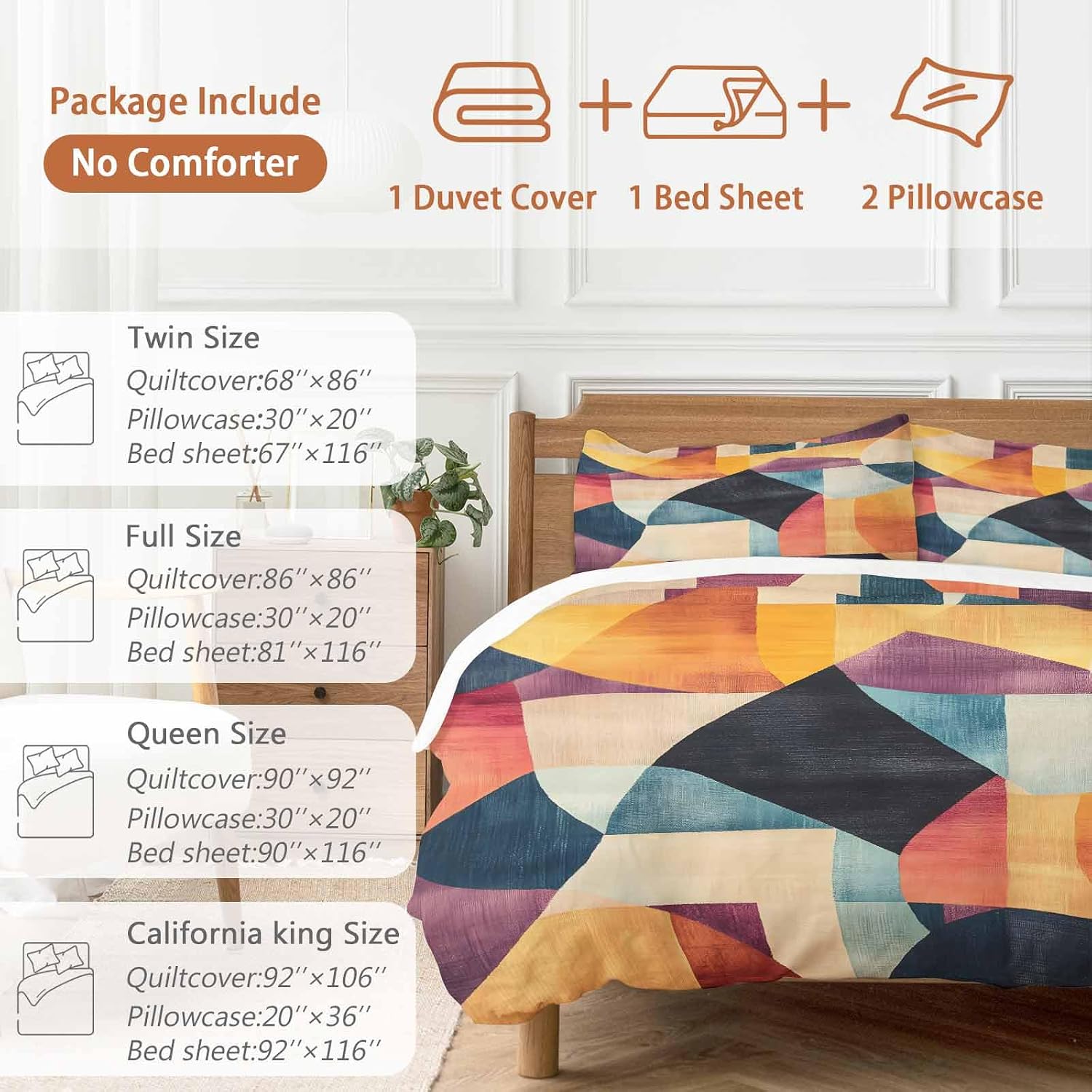 Prime Leader Abstract Art Duvet Cover Set Queen Size 4 Pieces Colorful Geometric Color Block Bedding Set with Zipper Closure, 1 Comforter Cover 86x86 Inches 1 Flat Sheet & 2 Pillow Cases