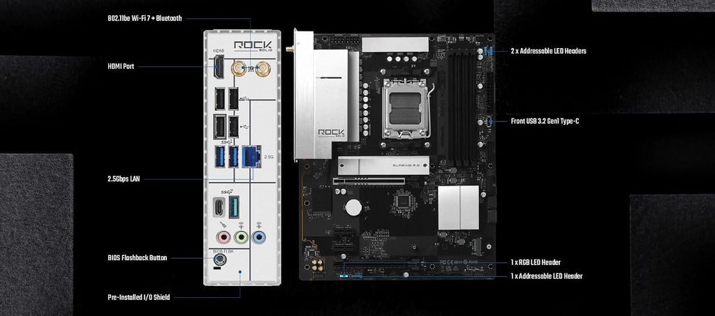ASRock B850 Rock WiFi 7 Socket AM5 ATX Motherboard, Supports AMD Ryzen 9000/8000/7000 Series, DDR5 8000+(OC), PCIe 5.0, WiFi 7, 2.5G LAN