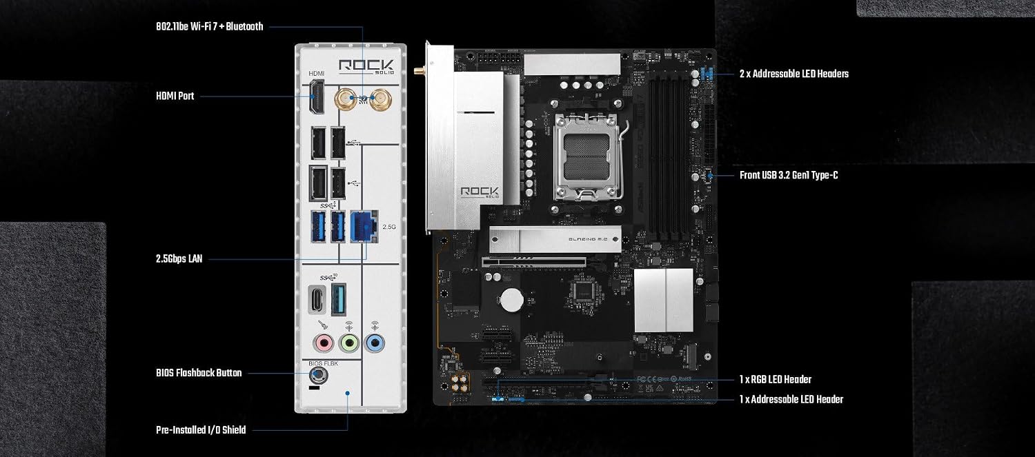 ASRock B850 Rock WiFi 7 Socket AM5 ATX Motherboard, Supports AMD Ryzen 9000/8000/7000 Series, DDR5 8000+(OC), PCIe 5.0, WiFi 7, 2.5G LAN
