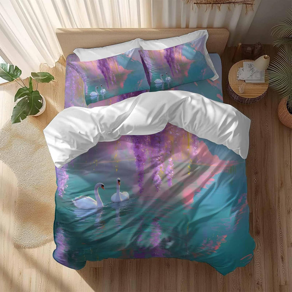 Swan Duvet Cover Set Queen Size 4 Pieces Oil Painting Spring Wisteria Gradient Pink Green Lake Bedding Set with Zipper Closure, 1 Comforter Cover 90x92 Inches 1 Flat Sheet & 2 Pillow Cases