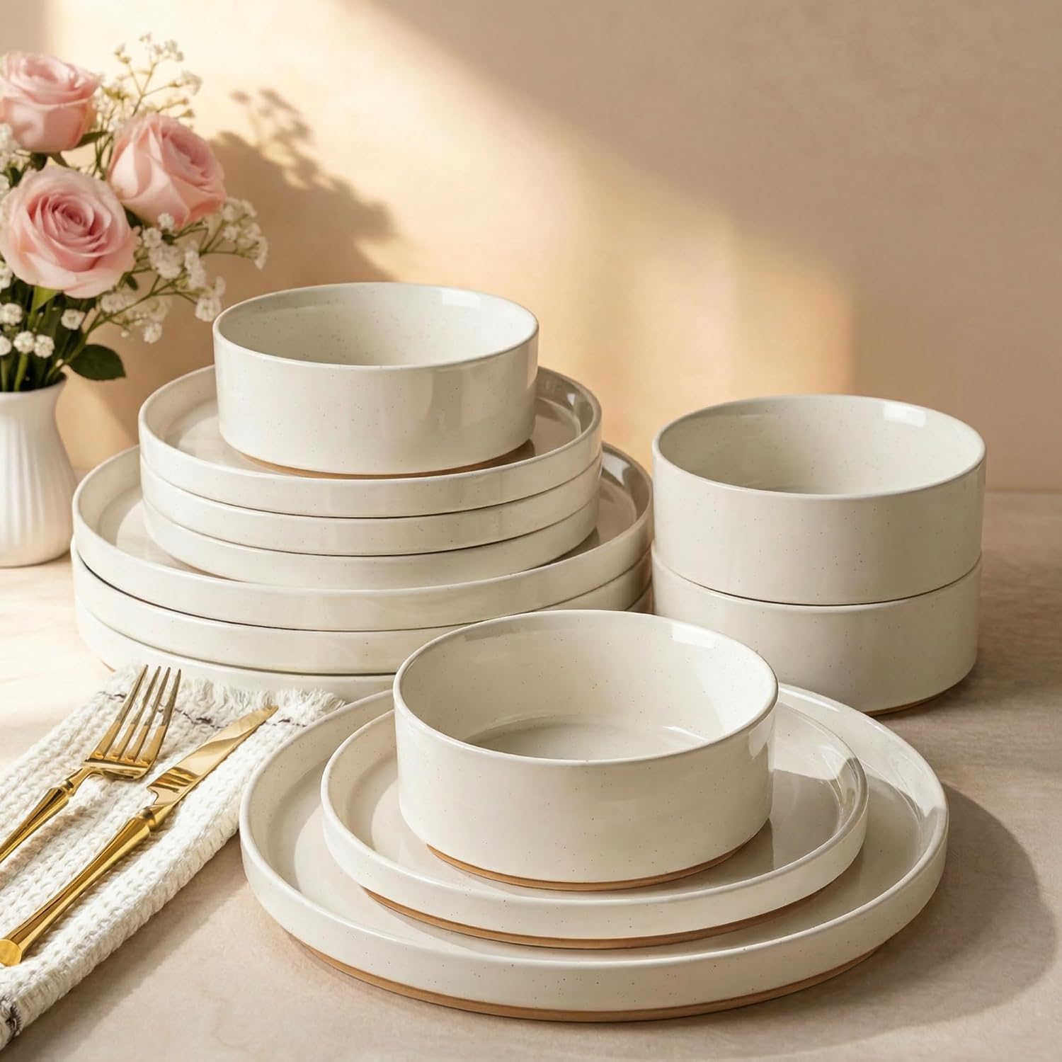 AmorArc Ceramic Dinnerware Set for 8 | Speckled Stoneware Plates and Bowls with Rustic Terracotta Underside| Scratch Resistant,Dishwasher & Microwave Safe Dishes Sets- 24pcs