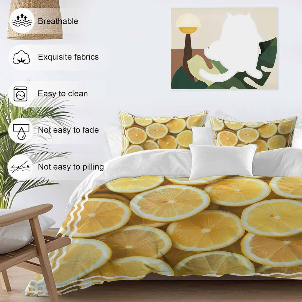 Yellow Lemon Duvet Cover Set Queen Size 4 Pieces Retro Country Watercolor Fruit Farmhouse Stripes Bedding Set with Zipper Closure, 1 Comforter Cover 92x106 Inches 1 Flat Sheet & 2 Pillow Cases