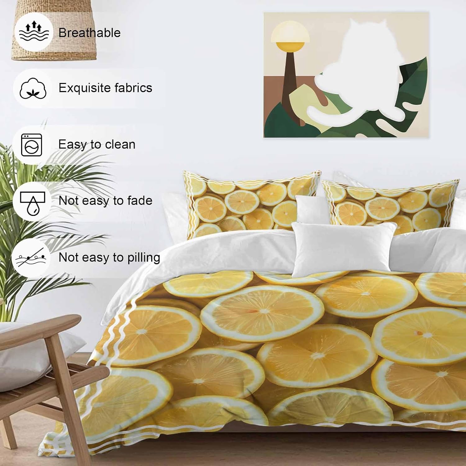 Yellow Lemon Duvet Cover Set Queen Size 4 Pieces Retro Country Watercolor Fruit Farmhouse Stripes Bedding Set with Zipper Closure, 1 Comforter Cover 90x92 Inches 1 Flat Sheet & 2 Pillow Cases