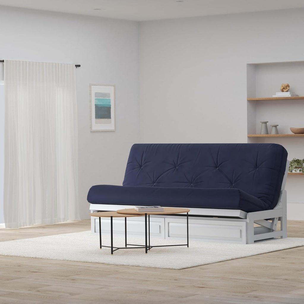 Nirvana Futons Arden White Futon with Storage Drawers Queen Size - Minimalist Armless Design with 8 Inch Comfortable Mattress (Twill Navy Blue), Sofa Bed Available in