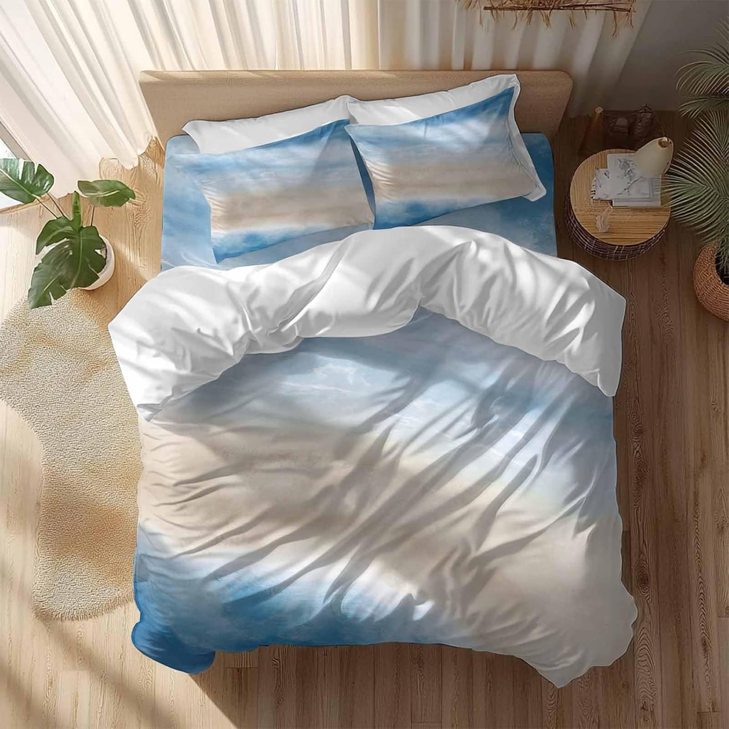 Summer Beach Duvet Cover Set Queen Size 4 Pieces Dark Blue Gradient Ocean Wave Beige Sand Abstract Bedding Set with Zipper Closure, 1 Comforter Cover 90x92 Inches 1 Flat Sheet & 2 Pillow Cases