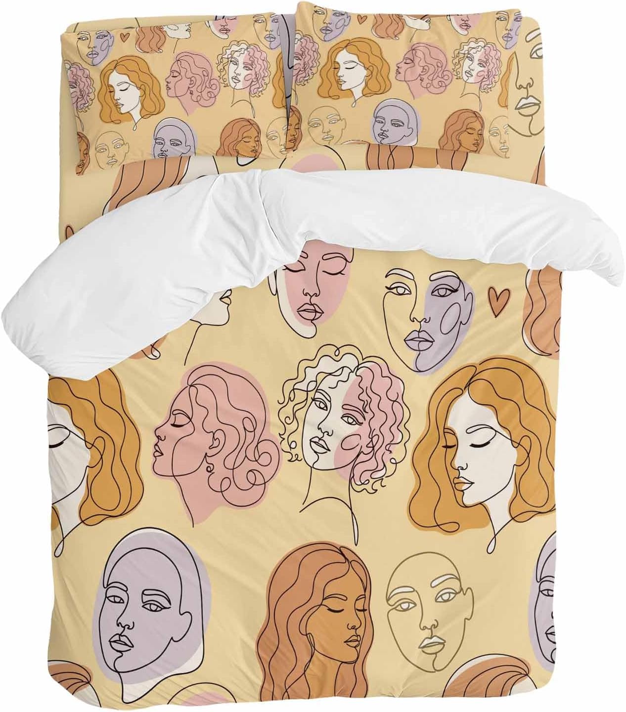 Abstract Face Painting Duvet Cover Set Queen Size 4 Pieces Boho Yellow Portraits Minimalist Line Bedding Set with Zipper Closure, 1 Comforter Cover 92x106 Inches 1 Flat Sheet & 2 Pillow Cases