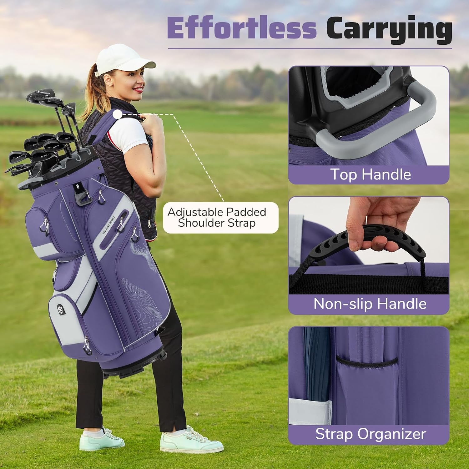Goplus Lightweight Golf Cart Bag, Molded Lock Top Golf Club Bag w/14-Way Full Length Organizer Dividers, 11 Pockets, Cooler Bag, Straps, Umbrella Holder & Rain Hood for Men Women