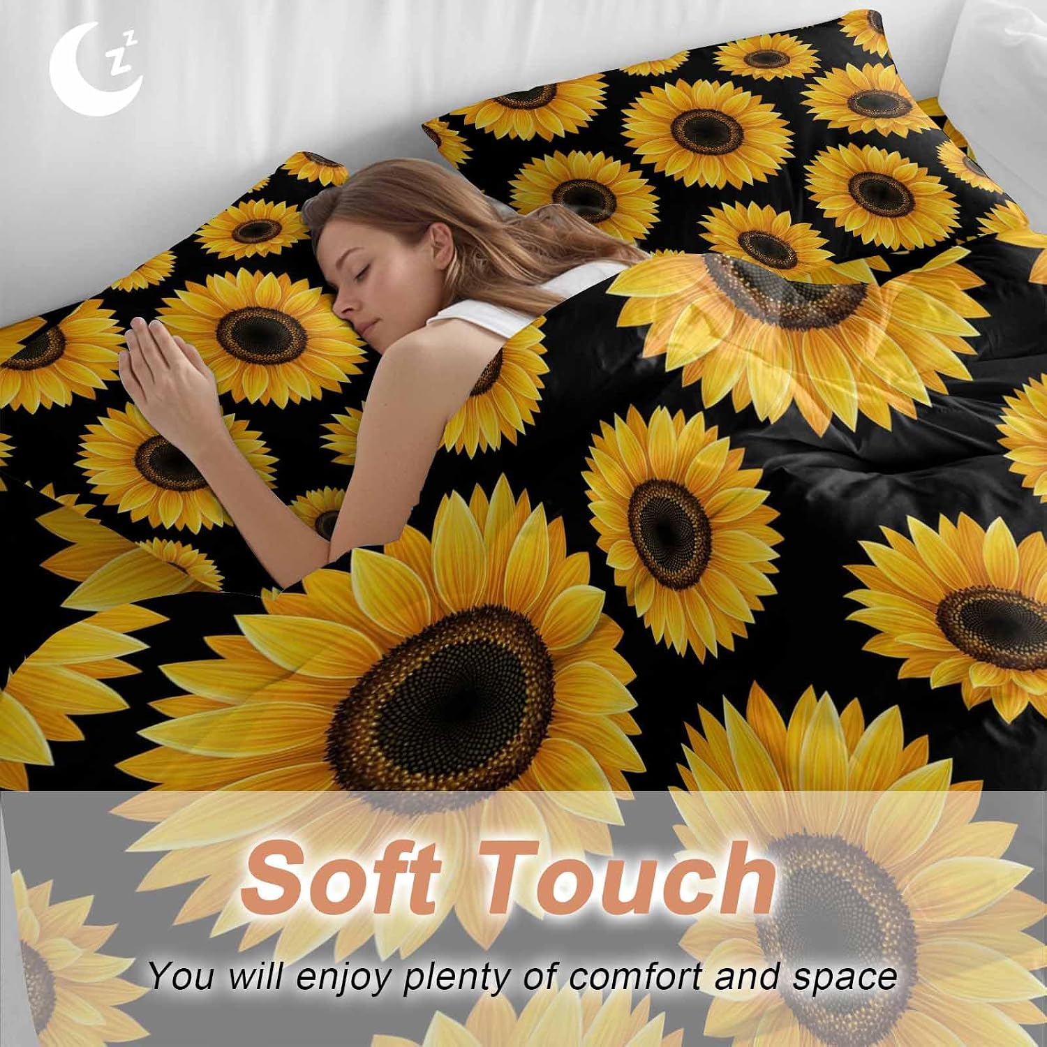 Yellow Sunflowers Duvet Cover Set Queen Size 4 Pieces Black Background Abstract Vintage Floral Bedding Set with Zipper Closure, 1 Comforter Cover 86x86 Inches 1 Flat Sheet & 2 Pillow Cases