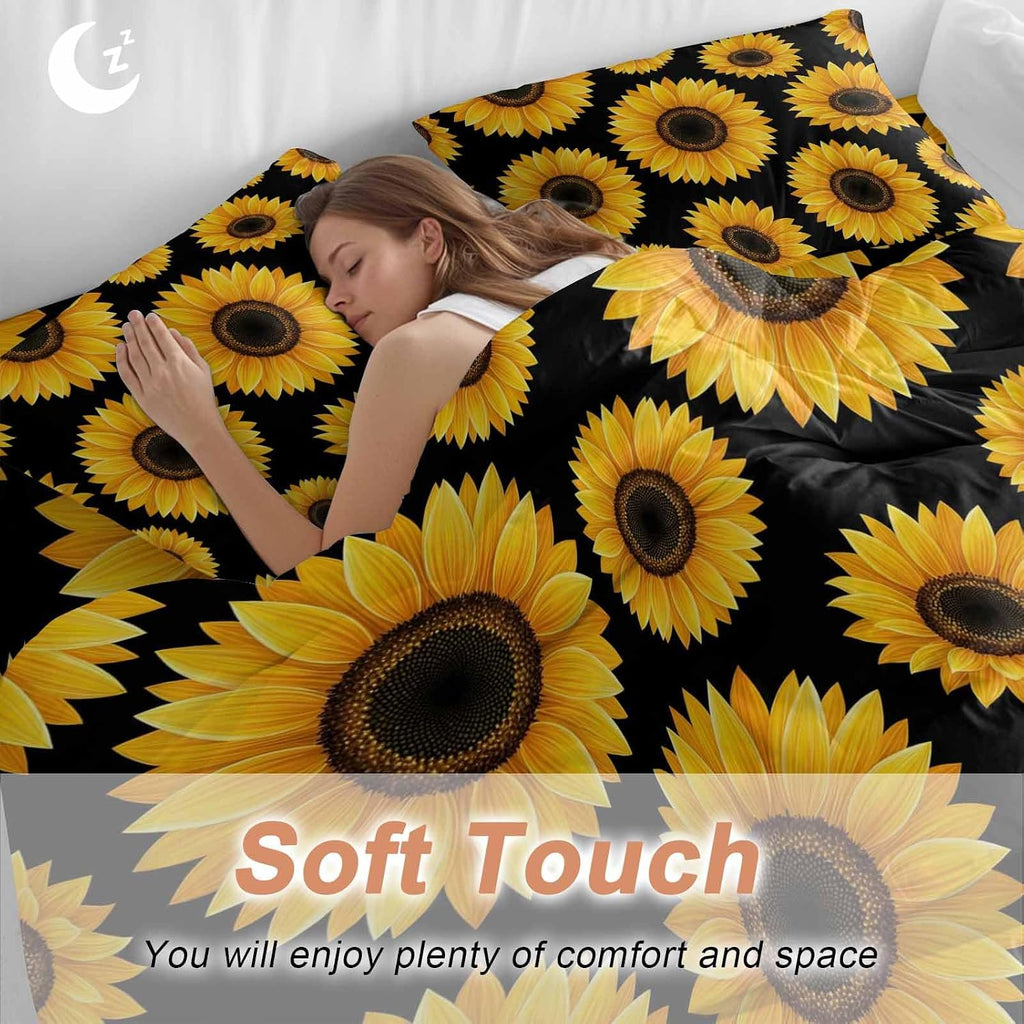 Yellow Sunflowers Duvet Cover Set Queen Size 4 Pieces Black Background Abstract Vintage Floral Bedding Set with Zipper Closure, 1 Comforter Cover 90x92 Inches 1 Flat Sheet & 2 Pillow Cases