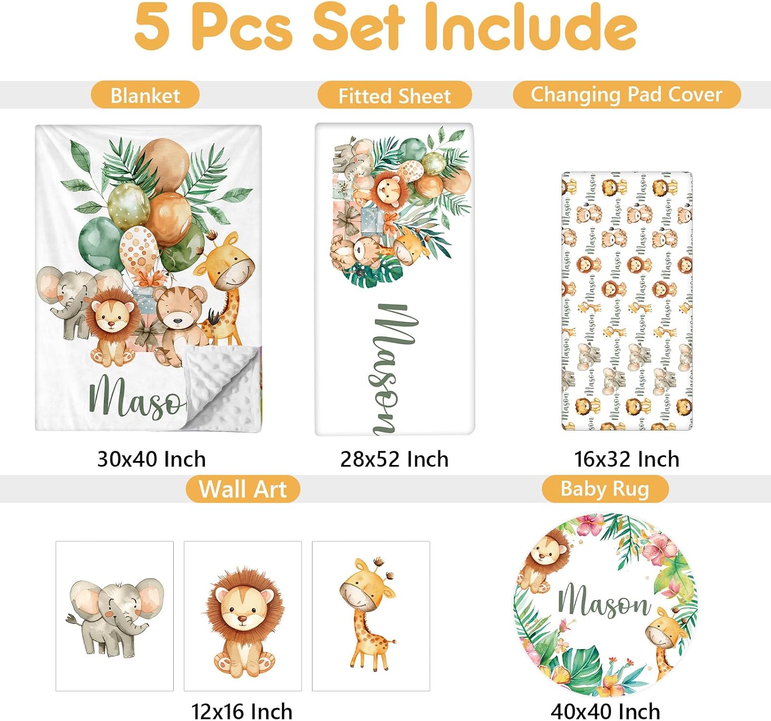 Terwex Personalized Baby Bedding Set, 5 Pcs Custom Name Baby Crib Sets, Safari Animal Crib Bedding Set for Baby Boys Girls, Double Layer Flannel Nursery Bedding Set, Toddlers Infants Customized Gifts