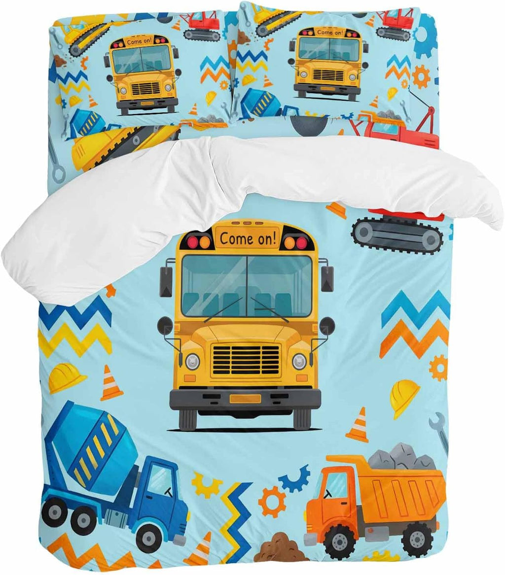 Prime Leader Cartoon Come on Duvet Cover Set Queen Size 4 Pieces Excavator Mixer Truck Wrench Helmet Blue Bedding Set with Zipper Closure, 1 Comforter Cover 86x86 Inches 1 Flat Sheet & 2 Pillow Cases