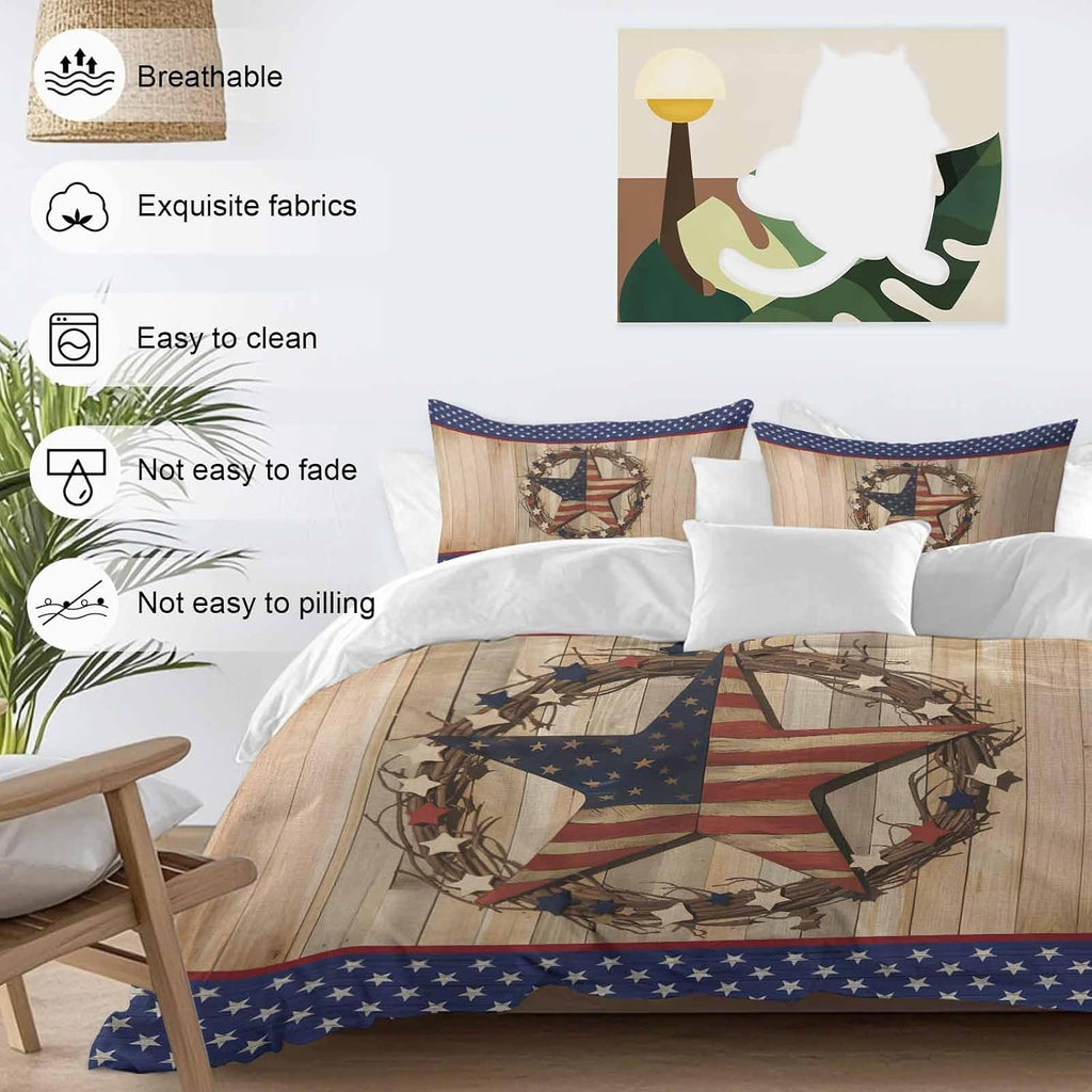 Prime Leader Independence Day Duvet Cover Set Queen Size 4 Pieces Vintage Stars Stripes Wood Grain Bedding Set with Zipper Closure, 1 Comforter Cover 92x106 Inches 1 Flat Sheet & 2 Pillow Cases