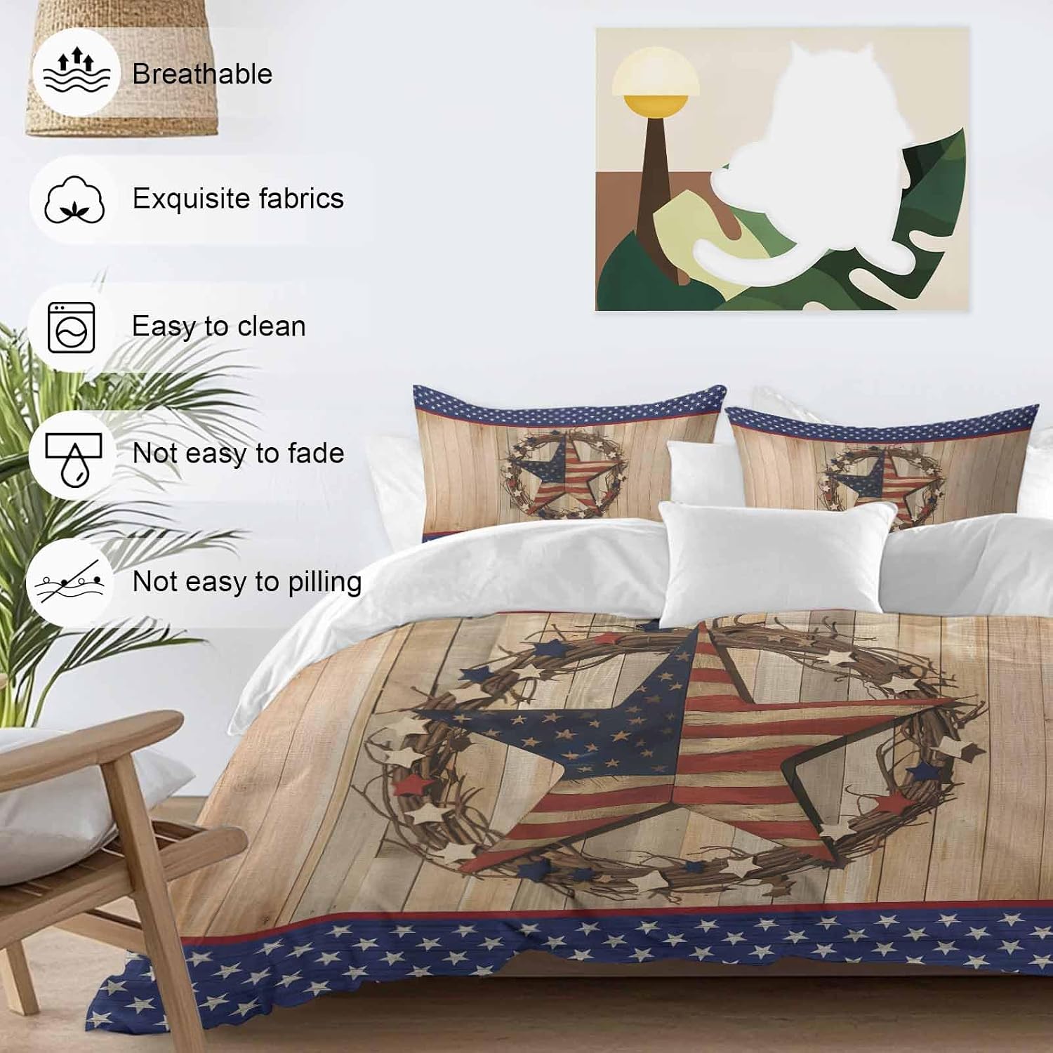 Prime Leader Independence Day Duvet Cover Set Queen Size 4 Pieces Vintage Stars Stripes Wood Grain Bedding Set with Zipper Closure, 1 Comforter Cover 92x106 Inches 1 Flat Sheet & 2 Pillow Cases