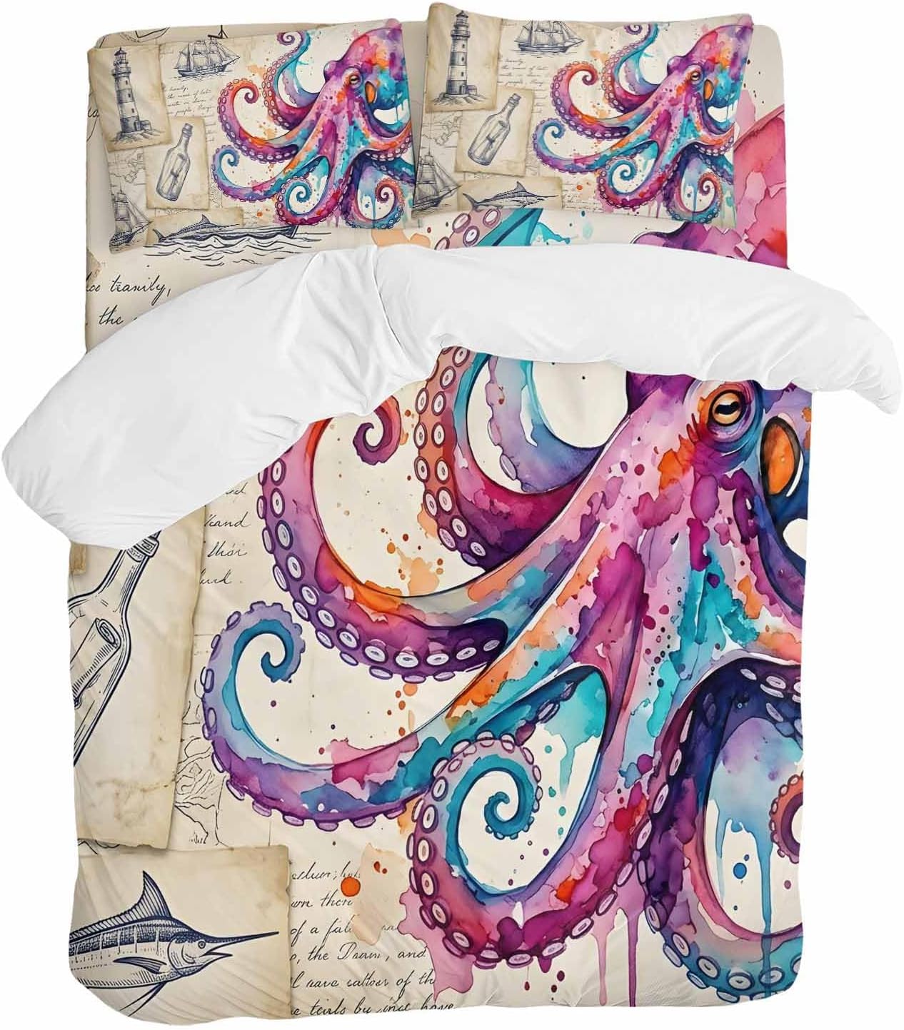 Prime Leader Pink Blue Octopus Duvet Cover Set Queen Size 4 Pieces Watercolor Octopus Newspaper Texture Bedding Set with Zipper Closure, 1 Comforter Cover 86x86 Inches 1 Flat Sheet & 2 Pillow Cases
