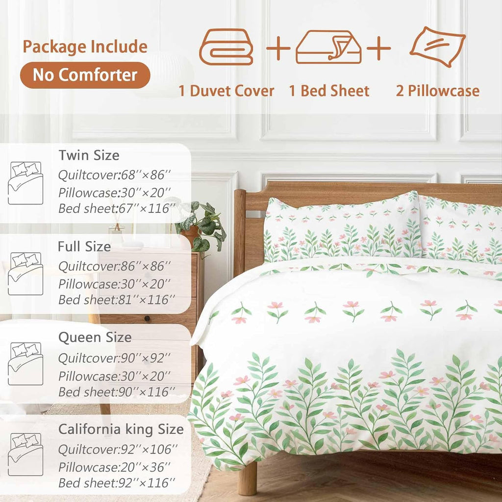 Prime Leader Spring Green Leaf Duvet Cover Set Queen Size 4 Pieces Watercolor Pink Flower Simple Country Bedding Set with Zipper Closure, 1 Comforter Cover 92x106 Inches 1 Flat Sheet & 2 Pillow Cases