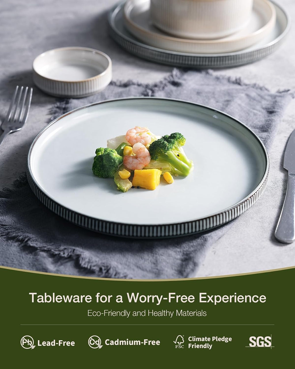 Famiware Star 24-Piece Plates and Bowls Set with Trim, Service for 8 - Stoneware Reactive Glaze Dinnerware, High Edge Ribbed Dishes, Chip & Scratch Resistant, Microwave & Dishwasher Safe, White & Blue