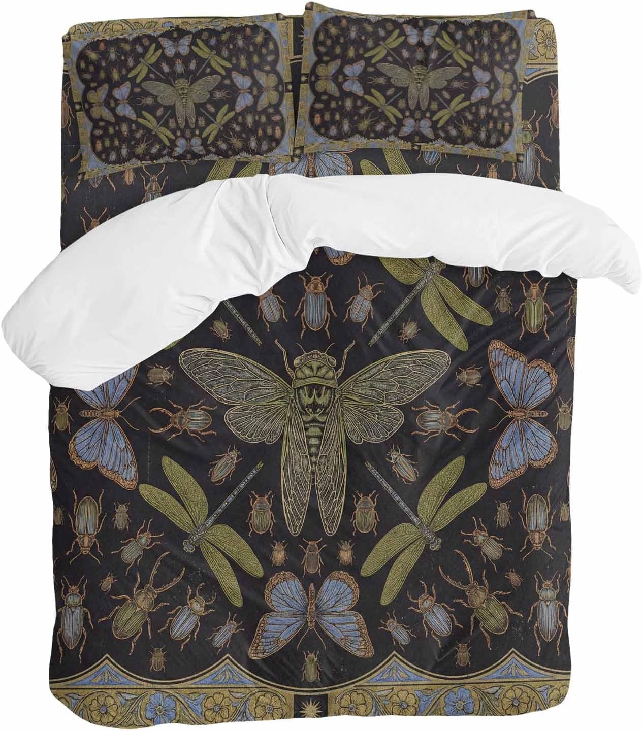 Retro Animal Duvet Cover Set Queen Size 4 Pieces Gold Dragonfly Butterfly Geometric Floral Black Bedding Set with Zipper Closure, 1 Comforter Cover 90x92 Inches 1 Flat Sheet & 2 Pillow Cases
