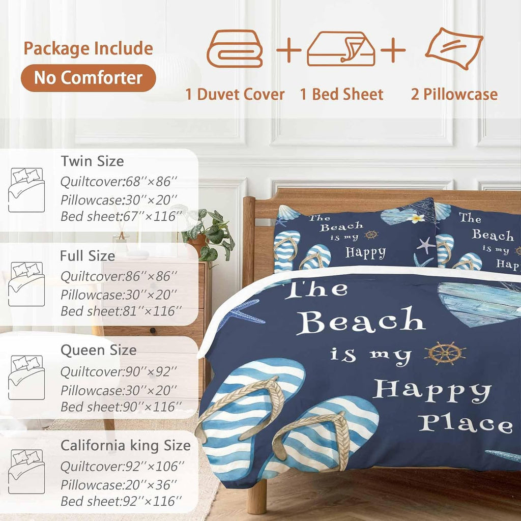 The Beach Is My Happy Place Duvet Cover Set Queen Size 4 Pieces Summer Ocean Blue Slippers Starfish Shell Bedding Set with Zipper Closure, 1 Comforter Cover 92x106 Inches 1 Flat Sheet & 2 Pillow Cases