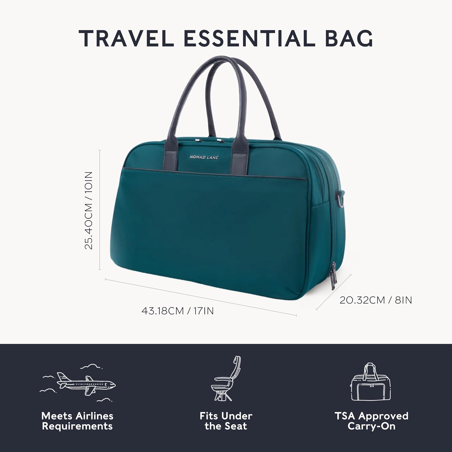 Nomad Lane Carry-On Luggage Duffel Bag, Durable & Lightweight Suitcase. Bento Bag, Personal Item Weekender Travel Bag for Men & Women, Pine Green