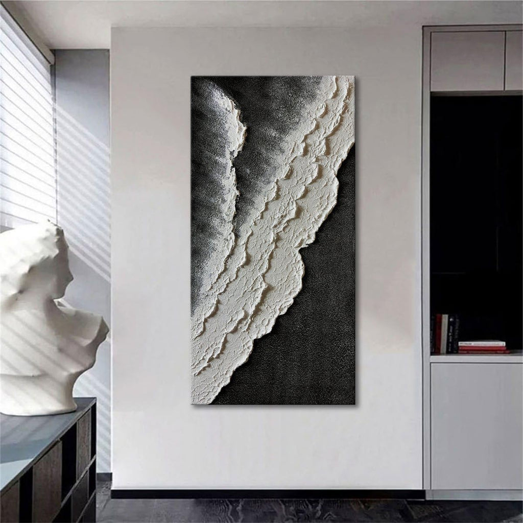 zoinart Hand Painted Large Textured Wall Art, 60x30 Inches Abstract Modern Ocean Wave Paintings, Black and White Beach Wall Art for Living Room Bedroom Wall Decor
