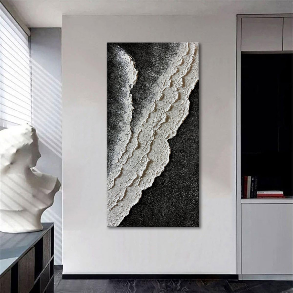 zoinart Hand Painted Large Textured Wall Art, 60x30 Inches Abstract Modern Ocean Wave Paintings, Black and White Beach Wall Art for Living Room Bedroom Wall Decor