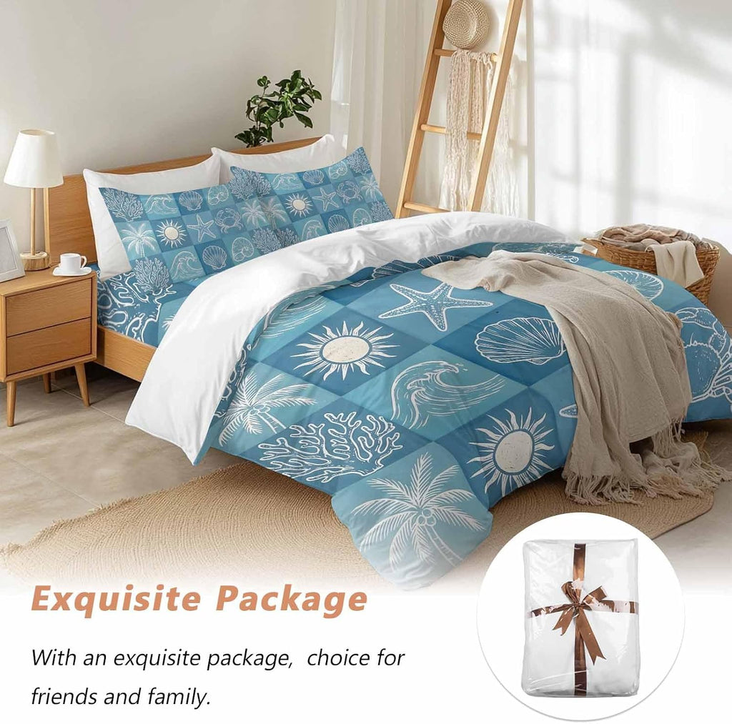 Prime Leader Blue Coastal Duvet Cover Set Queen Size 4 Pieces Summer Ocean Waves Shell Crab Coconut Tree Bedding Set with Zipper Closure, 1 Comforter Cover 86x86 Inches 1 Flat Sheet & 2 Pillow Cases