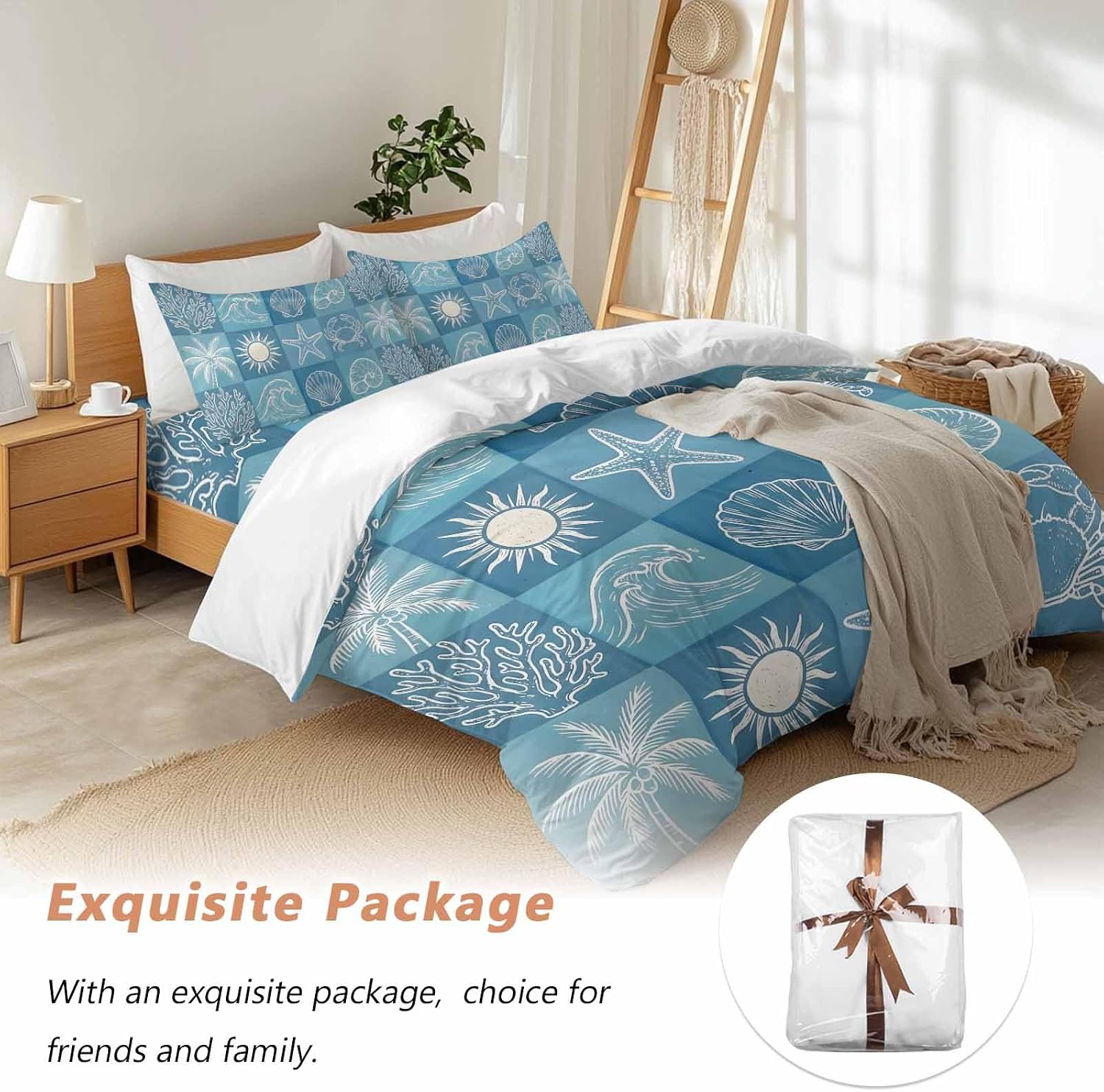 Prime Leader Blue Coastal Duvet Cover Set Queen Size 4 Pieces Summer Ocean Waves Shell Crab Coconut Tree Bedding Set with Zipper Closure, 1 Comforter Cover 86x86 Inches 1 Flat Sheet & 2 Pillow Cases