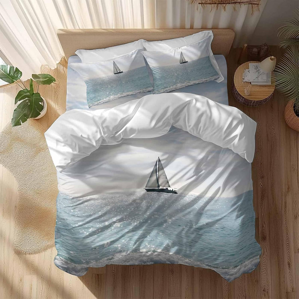 Nature Seascape Duvet Cover Set Queen Size 4 Pieces Sailboats Blue Waves Cloud Sky Ocean Surface Bedding Set with Zipper Closure, 1 Comforter Cover 90x92 Inches 1 Flat Sheet & 2 Pillow Cases