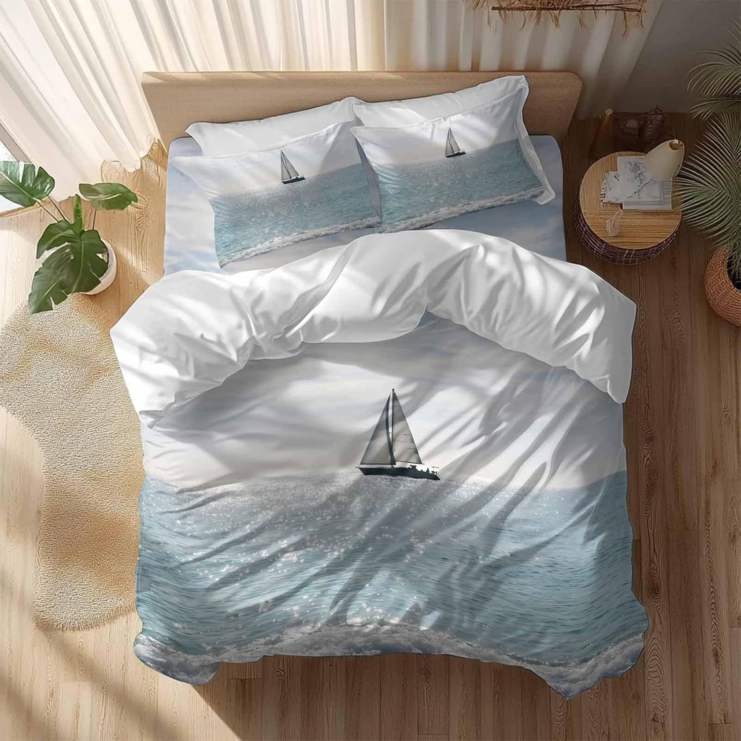 Nature Seascape Duvet Cover Set Queen Size 4 Pieces Sailboats Blue Waves Cloud Sky Ocean Surface Bedding Set with Zipper Closure, 1 Comforter Cover 90x92 Inches 1 Flat Sheet & 2 Pillow Cases